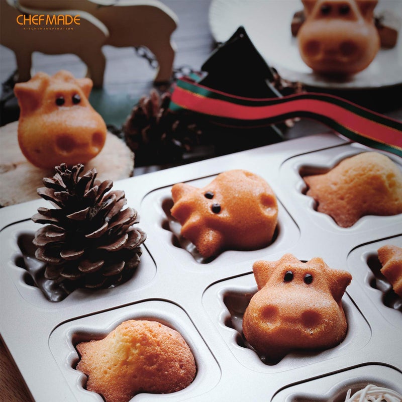 CHEFMADE Cows Cake Pan, 12-Cavity Non-Stick Animal Muffin Bakeware for Oven Baking (Champagne Gold) - Image 4